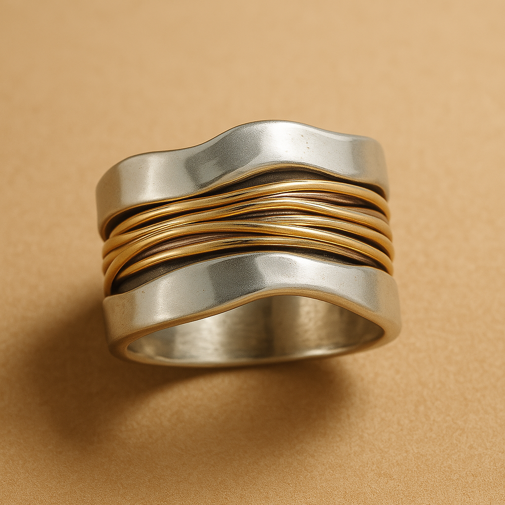 Anillo de hilos dorados y plateados